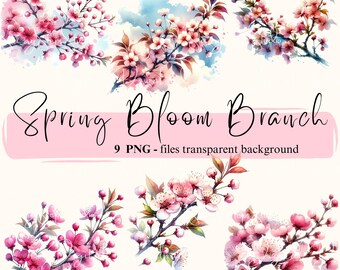 Watercolor Spring Bloom Branch PNG Clipart: Pink Floral Design (Digital Download)