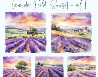 Lavender Field Sunset Clip Art: Watercolor PNG Bundle (Commercial Use)