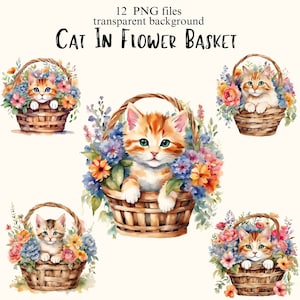 Chat dans le panier de fleurs des cliparts en téléchargement numérique, chat mignon PNG Transparent, fabrication de cartes, Scrapbooking Junk Journal Stickers usage Commercial