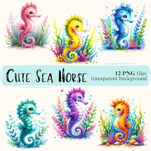 Lindo conjunto de imágenes prediseñadas de caballito de mar para guardería, descarga digital PNG transparente, creación de tarjetas, invitación para baby shower, diseño de sublimación para uso comercial