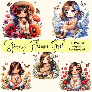 Download digitale di clipart di ragazza chibi con fiori primaverili, ragazza con fiori primaverili PNG trasparente, creazione di biglietti, diario di ritagli, uso commerciale