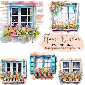 Paquete de imágenes prediseñadas de ventana de flores Descarga digital, Ventana floral de acuarela PNG transparente, Fabricación de tarjetas, Elaboración de papel, Uso comercial POD