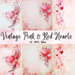 Vintage Pink And Red Hearts Paper, wysokiej rozdzielczości Walentynki Clipart JPGs Natychmiastowe pobieranie, Junk Journal, Scrapbook, Komercyjne wykorzystanie