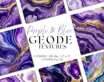 Purple Blue Geode Texture Digital Paper: Marble Agate Backgrounds (Digital Download, Commercial Use)