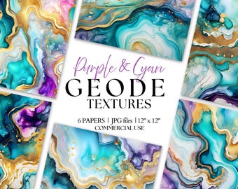 Purple Geode Texture Paper: Cyan & Gold Marble Backgrounds (Digital Download, 12x12 JPGs)