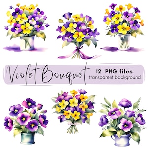 Pacote de clipart de buquê violeta, download digital de clipart de buquê violeta, PNG transparente, álbum de recortes para fazer cartões, uso comercial