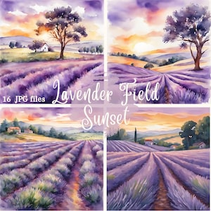 Zestaw clipartów Lavender Field Sunset, akwarelowe obrazy clipartów Lavender Field Sunset w wersji cyfrowej do pobrania, pliki JPG Lavender Field Sunset, wykorzystanie komercyjne