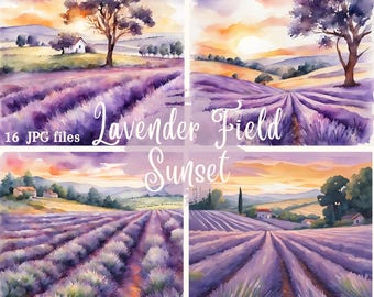 Watercolor Lavender Field Sunset Clipart: 16 JPGs, Commercial Use (Digital Download)
