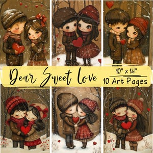 Süße Liebe Collage Kunst Seiten, Junge, Mädchen und Herz Digital Crafting Papier Pack, druckbare Liebe Papier Set, Valentinstag Postkarte und Poster