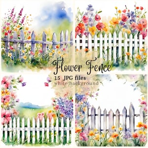 Zestaw clipartów „Flower Fence”, pliki JPG o wysokiej rozdzielczości, cyfrowe pobieranie clipartów „Flower Fence”, tworzenie kartek, dziennik, sztuka ścienna, wykorzystanie komercyjne POD