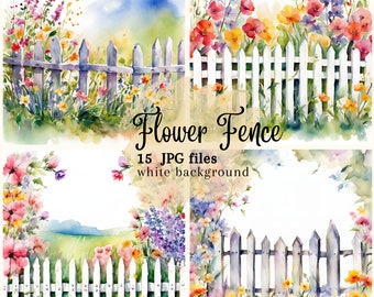 Floral Fence Clipart Bundle: Watercolor Flower Graphics (Digital Download)