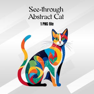 May include: Abstract illustration of a cat with a see-through design. The cat is sitting with its tail curled around its body. The cat is made up of various colors, including red, orange, yellow, green, blue, and purple.