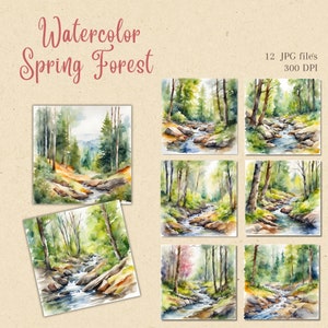 Pakiet clipartów Spring Forest, akwarela Spring Forest JPG Clip Art do pobrania w wersji cyfrowej, tworzenie kartek, dziennik śmieci, komercyjne wykorzystanie POD