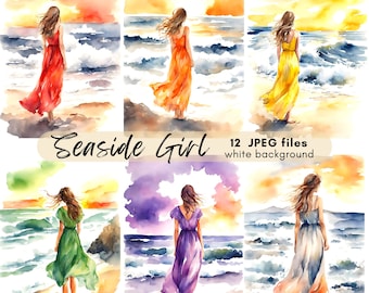 Seaside Girl Watercolor Clipart Bundle: Sunset Beach JPGs (Digital Download)