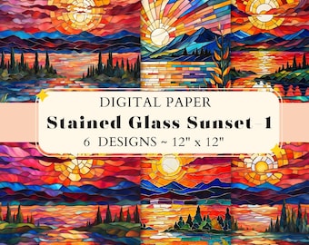 Stained Glass Sunset Digital Paper Pack: Watercolor Scrapbook Paper (12x12, 300 dpi)