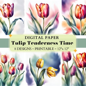 Watercolor Tulips Digital Papers, Dreamy Tulips Backgrounds, Watercolor Tulips Paper Pack, Printable Tulip Scrapbook Junk Journal Paper Pack