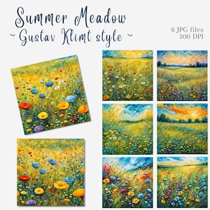 Letnia Łąka Gustav Klimt Style Clipart Bundle, Letnia Łąka Clipart JPG Pobieranie Cyfrowe, Wydrukowalne Kwiatowe Łąki JPG, Wykorzystanie Komercyjne