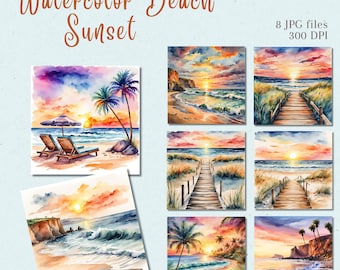 Watercolor Beach Sunset Clipart: Tropical Coastal Art (Digital Download)
