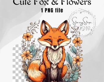 Floral Fox PNG Clipart: Transparent Watercolor Design (Digital Download, Commercial Use)