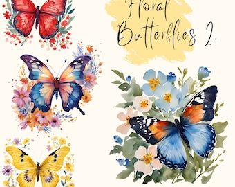 Clipartbundel bloemenvlinder: transparante png's voor scrapbooking (digitale download)