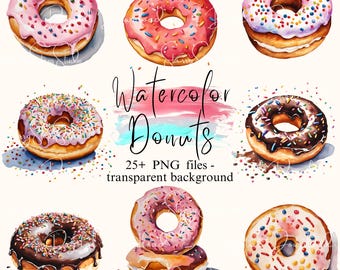 Watercolor Donuts Clipart: Transparent PNG Graphics (Digital Download)