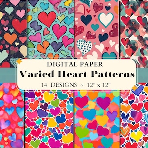 Heart Patterns Digital Paper: Valentine&#39;s Day Scrapbook Backgrounds (Digital Download)