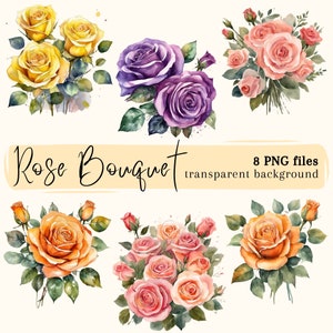 Rose Bouquet Clip Art Bundle Descarga digital, Rose Bouquet PNG transparente, Tarjetas para hacer imágenes prediseñadas de boda, Álbum de recortes, Diario, Uso comercial