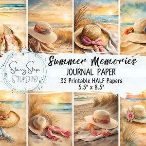 Summer Memories Junk Journal Pages, Seaside And Sun Hat Half Papers, Vintage Romantic Digital Background Scrapbook Ephemera Commercial Use