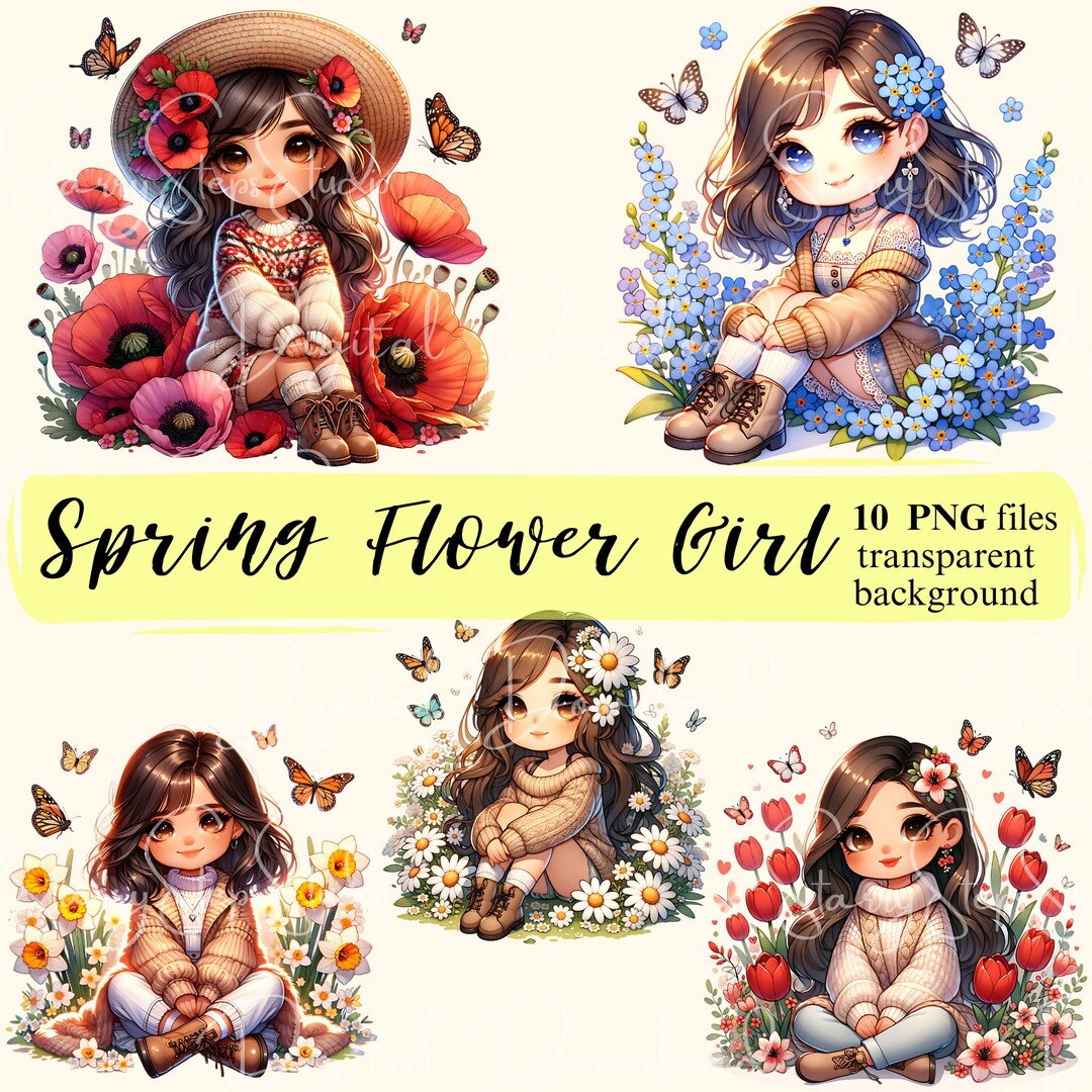 Spring Flower Chibi Girl Clipart Digital Download, Girl With Spring ...