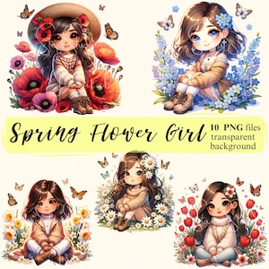 Clipart de flor de primavera de chica chibi: PNG transparente, uso comercial (descarga digital)