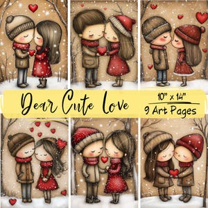 Niedliche Liebe Collage Kunst Seiten, Junge, Mädchen und Herz Digital Crafting Papier Pack, Liebe Druckbare Papier Set, Valentinstag Postkarte und Poster