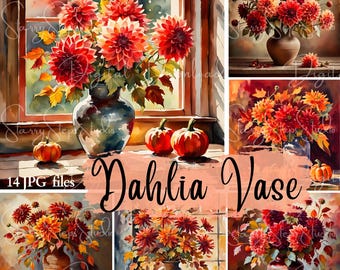 Dahlia Vase Clipart: Autumn Flower Digital Paper (14 JPG Files)