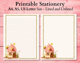 Fairy House Printable Stationery, Lined Printable Paper, A5 Writing Paper, Printable Stationary, Digital Download Paper, Letter Size Paper