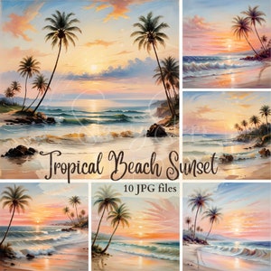 Clipart tramonto pittorico sulla spiaggia, download digitale di clip art tramonto sulla spiaggia pastello, JPG stampabili sul tramonto sulla spiaggia, uso commerciale