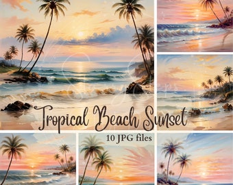 Painterly Beach Sunset Clipart: Pastel JPGs (Digital Download)