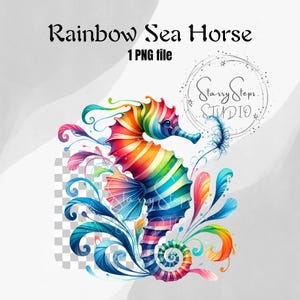 Rainbow Sea Horse Clipart: Transparent PNG, Commercial Use (Digital Download)