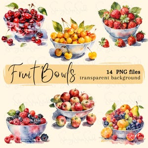 Obstschale Clipart Bundle, digitaler Download, Aquarell Obstschale transparente PNG, Kartenherstellung, Scrapbook Junk Journal, kommerzielle Nutzung