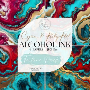 Puede incluir: Un paquete de arte digital con seis diseños abstractos con patrones arremolinados en cian, rojo rubí y oro. El texto de la imagen dice "Cyan & Ruby Red Alcohol Ink" y "Texture Pack". Se incluye el uso comercial.