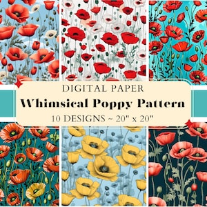 Whimsical Poppies Digital Papers, Whimsical Poppies Backgrounds, Whimsical Poppies Paper Pack For Prints, Scrapbooking, Journal, Card Making