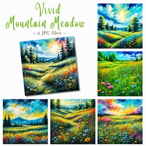Pakiet Vibrant Mountain Meadow Clipart, Letnia Łąka Clipart do Pobrania Cyfrowego, Wydrukowalne Kwiatowe Łąki Wysokiej Rozdzielczości JPG, Wykorzystanie Komercyjne
