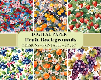 Watercolor Fruit Digital Paper: Printable Scrapbook Backgrounds (20x20 in) (Digital Download)