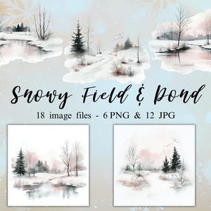Puede incluir: Ilustraciones en acuarela de paisajes nevados con estanques y árboles. La imagen incluye el texto "Snowy Field & Pond" y detalla 18 archivos de imagen, 6 PNG y 12 JPG. La obra de arte utiliza una paleta de colores suaves de blanco, gris y rosa.