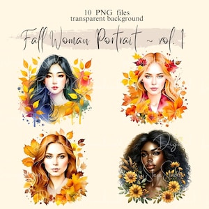 Descarga digital de retrato de mujer en otoño, vol. 1, PNG transparente de retrato de mujer en otoño, creación de tarjetas, pegatinas, álbum de recortes, uso comercial
