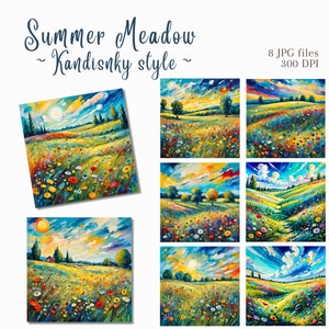 Letnia Łąka Kandinsky Styl Clipart Bundle, Letnia Łąka Clipart Cyfrowe Pobieranie, Wydrukowalne Kwiatowe Łąki JPG, Wykorzystanie Komercyjne