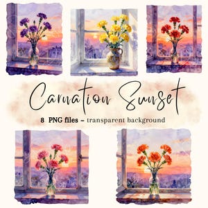 May include: Watercolor artwork featuring bouquets of carnations in vases set against a sunset backdrop. The image includes text that reads "Carnation Sunset" and "8 PNG files - transparent background."