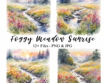 Foggy Meadow Sunrise Clip Art: Watercolor PNG JPEG Bundle