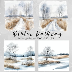 Peut inclure: Un ensemble de quatre aquarelles représentant un sentier d'hiver enneigé à travers une forêt. Les peintures présentent un chemin sinueux, des arbres nus et une légère couche de neige. Le texte "Winter Pathway" et "16 image files - 4 PNG & 12 JPG" est inclus dans l'image.