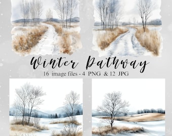 Watercolor Winter Pathway Clipart: PNG & JPG Image Files (Digital Download)