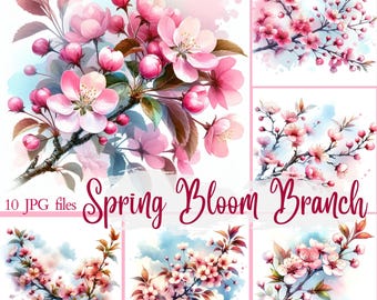 Watercolor Spring Bloom Branch Clipart: Pink Floral Designs (Digital Download)