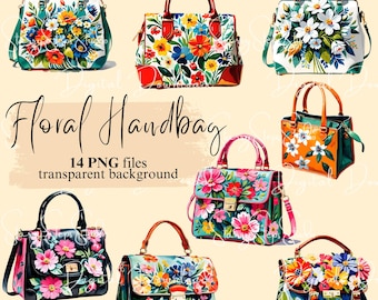 Floral Handbag Clipart Bundle Digital Download, Flower Bag Transparent PNG, Card Making, Stickers, Scrapbook, Junk Journal, Commercial Use